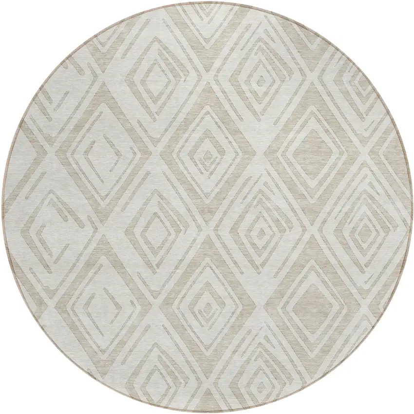 8' Beige And Ivory Round Geometric Washable Indoor Outdoor Area Rug Photo 1