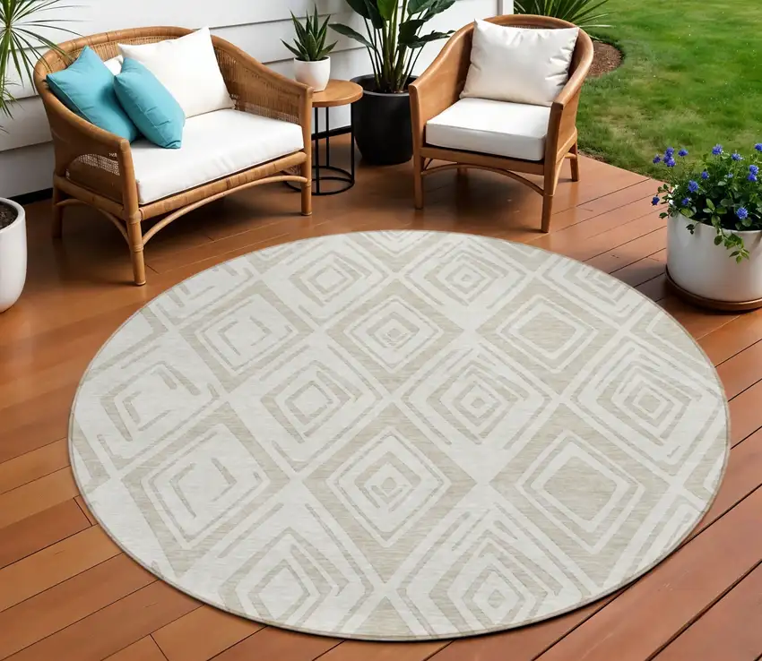 8' Beige And Ivory Round Geometric Washable Indoor Outdoor Area Rug Photo 1
