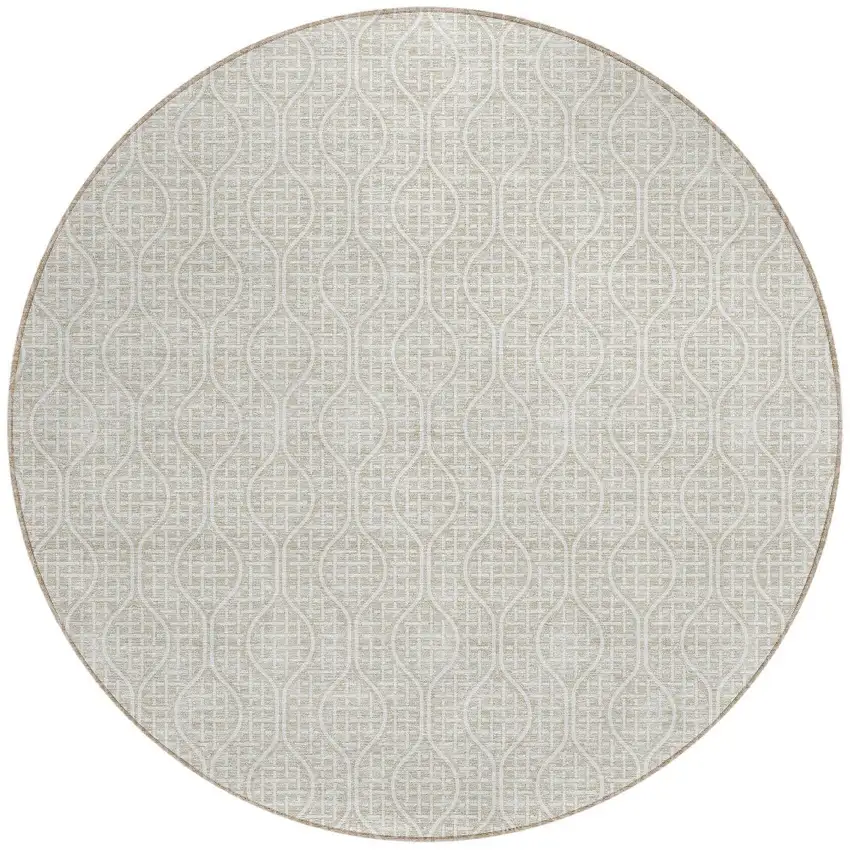8' Beige And Ivory Round Geometric Washable Indoor Outdoor Area Rug Photo 5