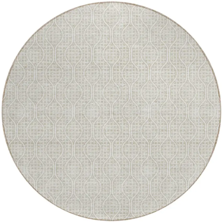 8' Beige And Ivory Round Geometric Washable Indoor Outdoor Area Rug Photo 2