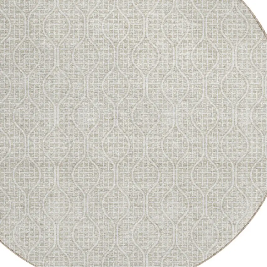 8' Beige And Ivory Round Geometric Washable Indoor Outdoor Area Rug Photo 4