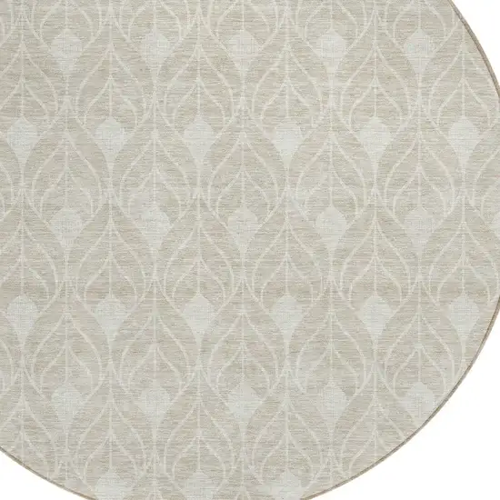 8' Beige And Ivory Round Geometric Washable Indoor Outdoor Area Rug Photo 4