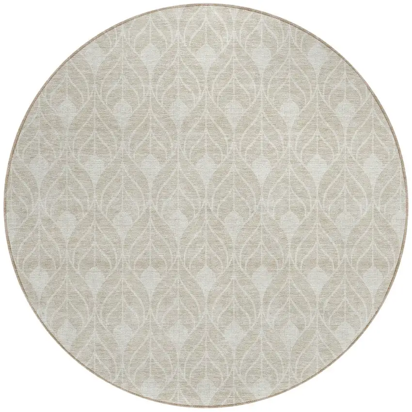 8' Beige And Ivory Round Geometric Washable Indoor Outdoor Area Rug Photo 5