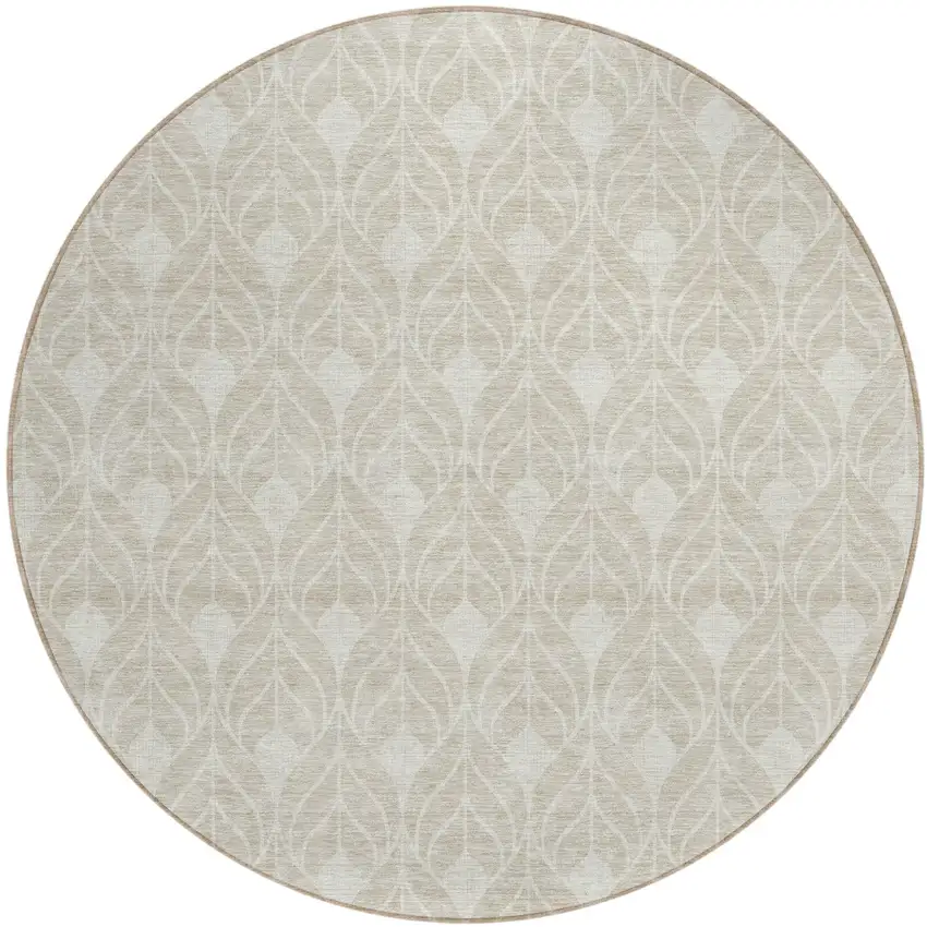 8' Beige And Ivory Round Geometric Washable Indoor Outdoor Area Rug Photo 2