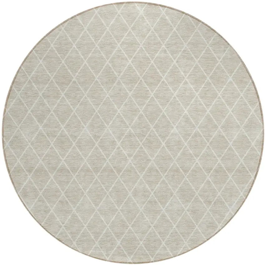 8' Beige And Ivory Round Geometric Washable Indoor Outdoor Area Rug Photo 2