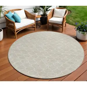 Photo of 8' Beige And Ivory Round Geometric Washable Indoor Outdoor Area Rug