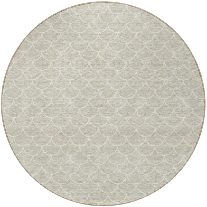 8' Beige And Ivory Round Geometric Washable Indoor Outdoor Area Rug Photo 5