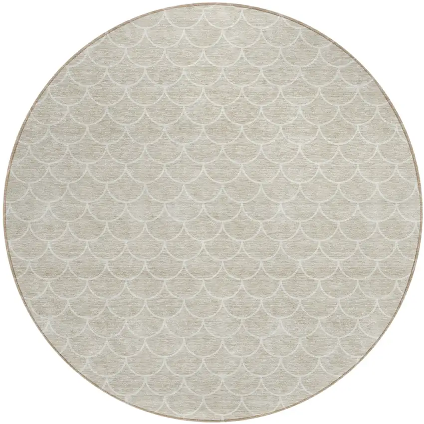 8' Beige And Ivory Round Geometric Washable Indoor Outdoor Area Rug Photo 2