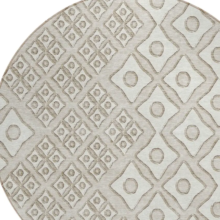 8' Beige And Ivory Round Geometric Washable Indoor Outdoor Area Rug Photo 4