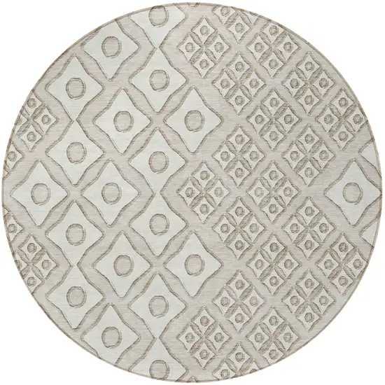 8' Beige And Ivory Round Geometric Washable Indoor Outdoor Area Rug Photo 6