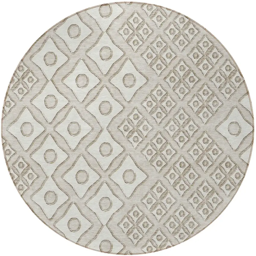 8' Beige And Ivory Round Geometric Washable Indoor Outdoor Area Rug Photo 6