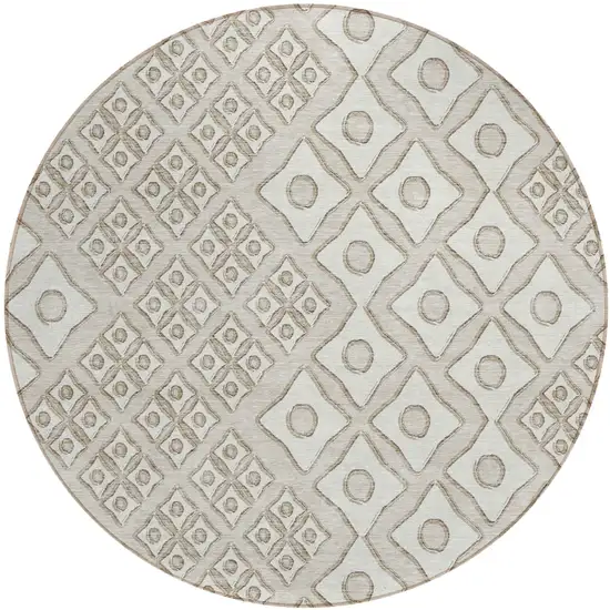 8' Beige And Ivory Round Geometric Washable Indoor Outdoor Area Rug Photo 2