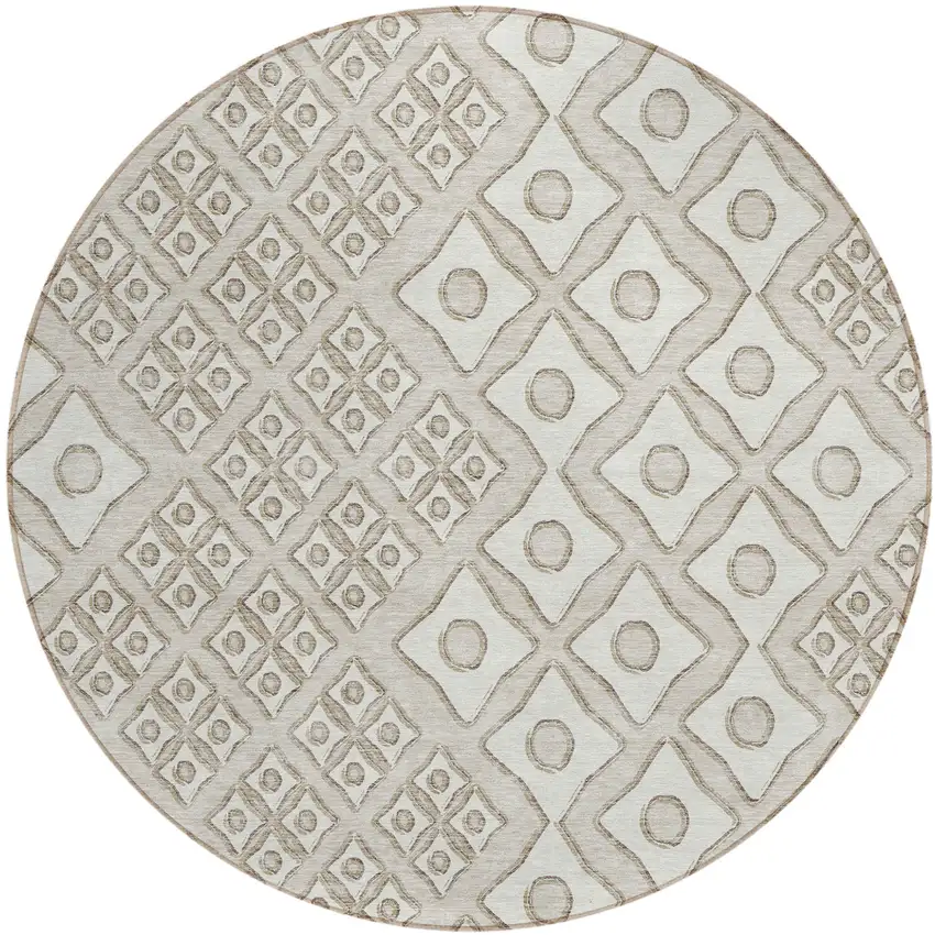 8' Beige And Ivory Round Geometric Washable Indoor Outdoor Area Rug Photo 2