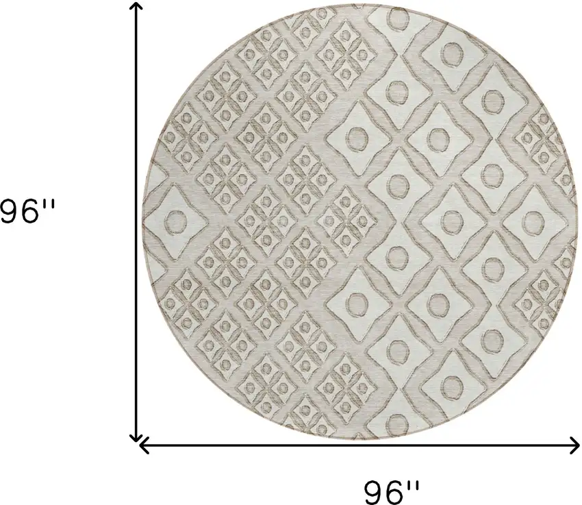 8' Beige And Ivory Round Geometric Washable Indoor Outdoor Area Rug Photo 3