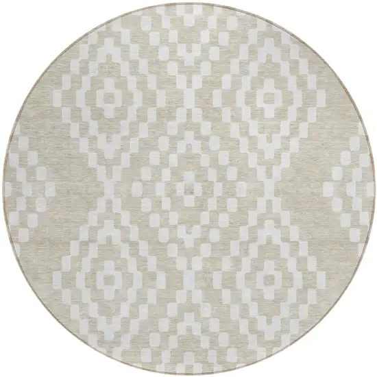 8' Beige And Ivory Round Geometric Washable Indoor Outdoor Area Rug Photo 2