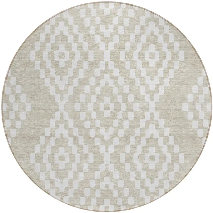 8' Beige And Ivory Round Geometric Washable Indoor Outdoor Area Rug Photo 2
