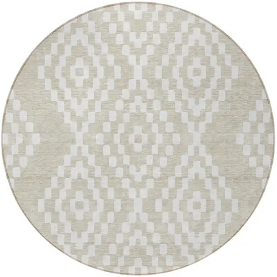 8' Beige And Ivory Round Geometric Washable Indoor Outdoor Area Rug Photo 6