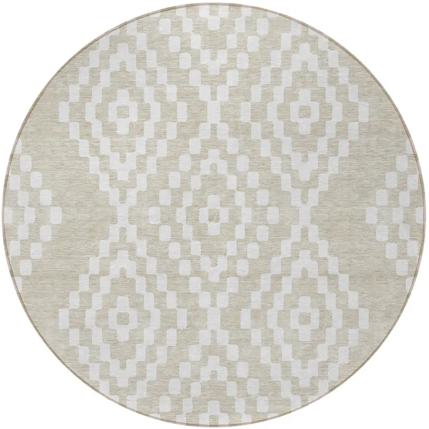 8' Beige And Ivory Round Geometric Washable Indoor Outdoor Area Rug Photo 6