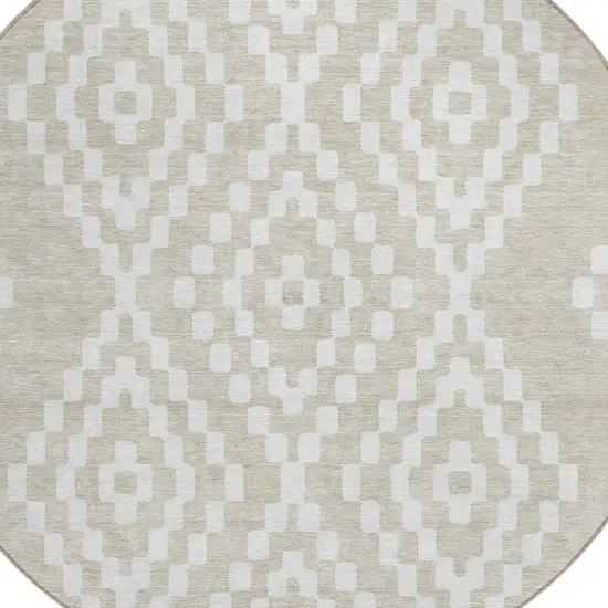 8' Beige And Ivory Round Geometric Washable Indoor Outdoor Area Rug Photo 5
