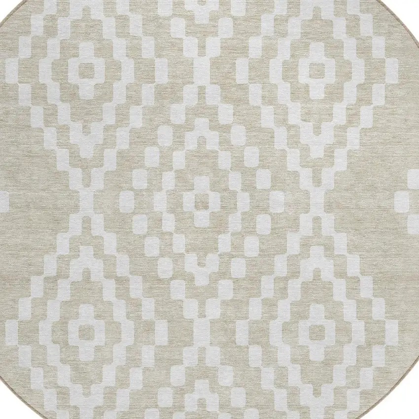 8' Beige And Ivory Round Geometric Washable Indoor Outdoor Area Rug Photo 5