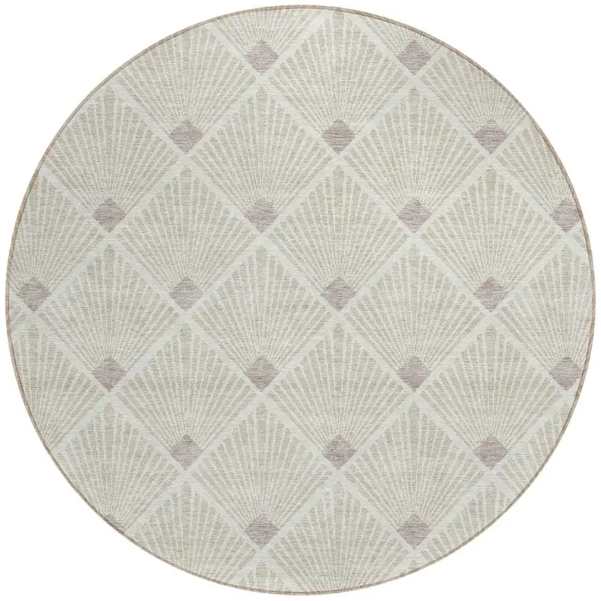 8' Beige And Ivory Round Geometric Washable Indoor Outdoor Area Rug Photo 6