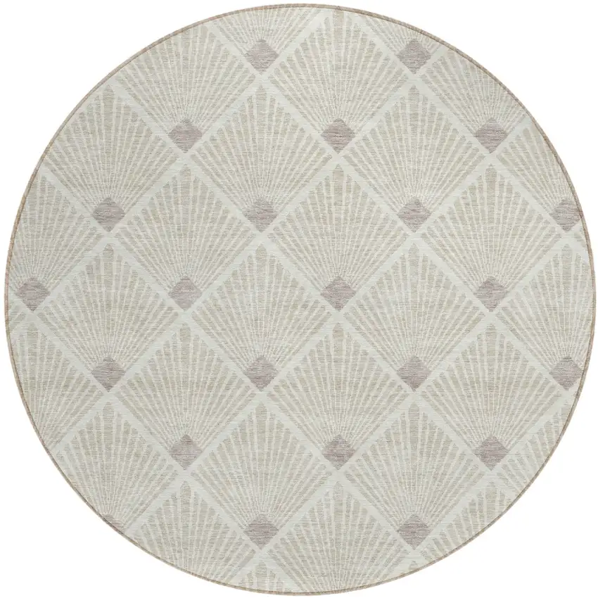 8' Beige And Ivory Round Geometric Washable Indoor Outdoor Area Rug Photo 2