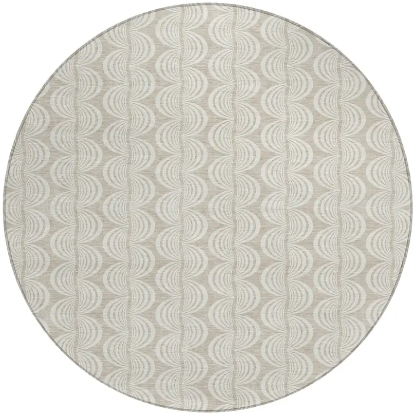 8' Beige And Ivory Round Ogee Washable Indoor Outdoor Area Rug Photo 2