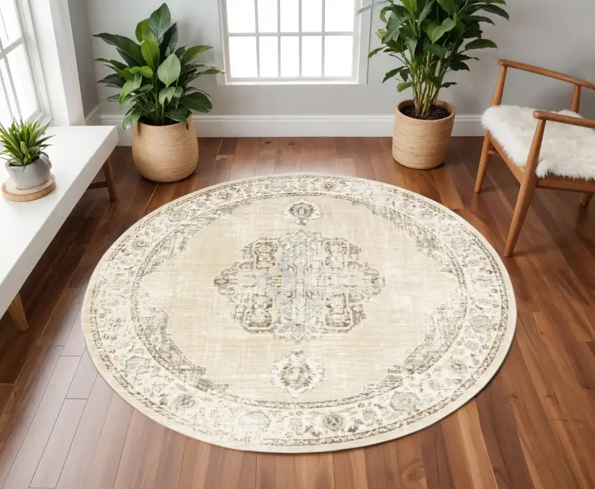 8' Beige and Ivory Round Oriental Power Loom Area Rug Photo 1