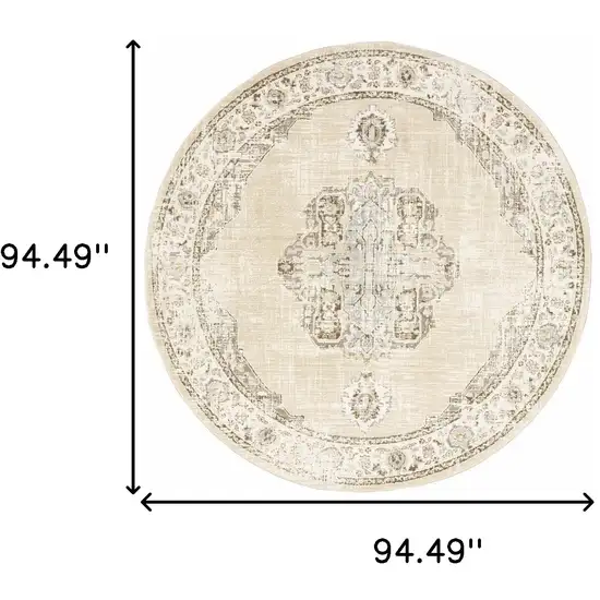 8' Beige And Ivory Round Oriental Power Loom Stain Resistant Area Rug Photo 5