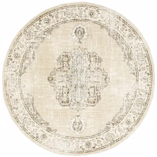 8' Beige And Ivory Round Oriental Power Loom Stain Resistant Area Rug Photo 1