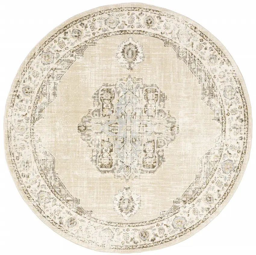 8' Beige And Ivory Round Oriental Power Loom Stain Resistant Area Rug Photo 1
