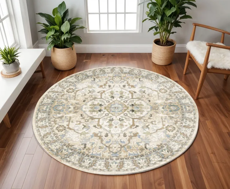 8' Beige And Ivory Round Oriental Power Loom Stain Resistant Area Rug Photo 5