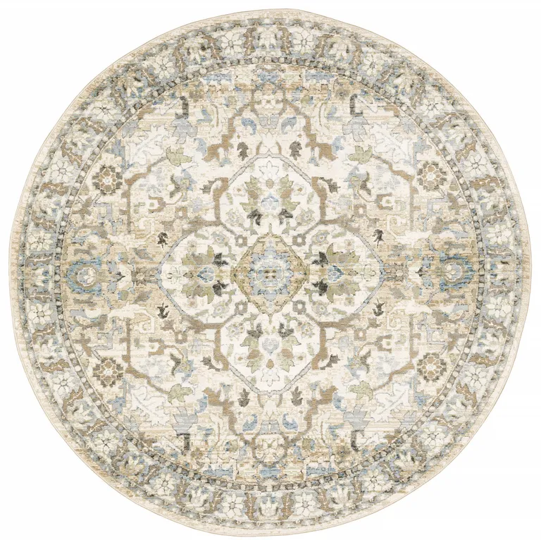 8' Beige And Ivory Round Oriental Power Loom Stain Resistant Area Rug Photo 1