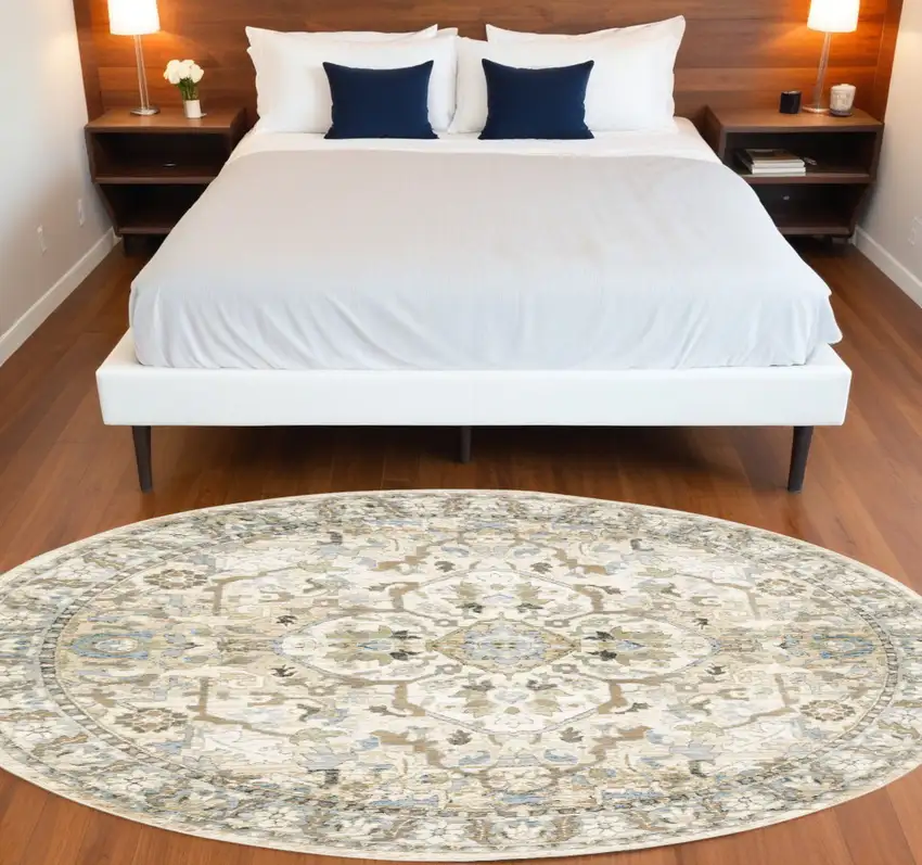 8' Beige and Ivory Round Oriental Power Loom Area Rug Photo 1