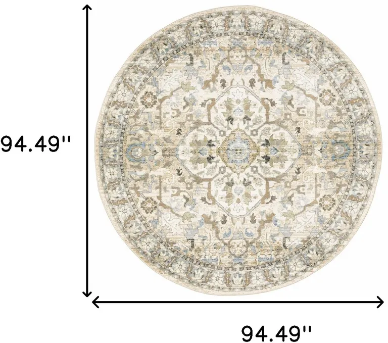 8' Beige And Ivory Round Oriental Power Loom Stain Resistant Area Rug Photo 5