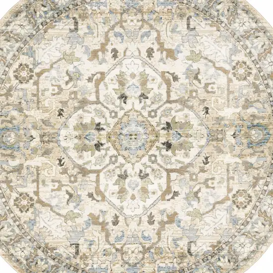 8' Beige And Ivory Round Oriental Power Loom Stain Resistant Area Rug Photo 4