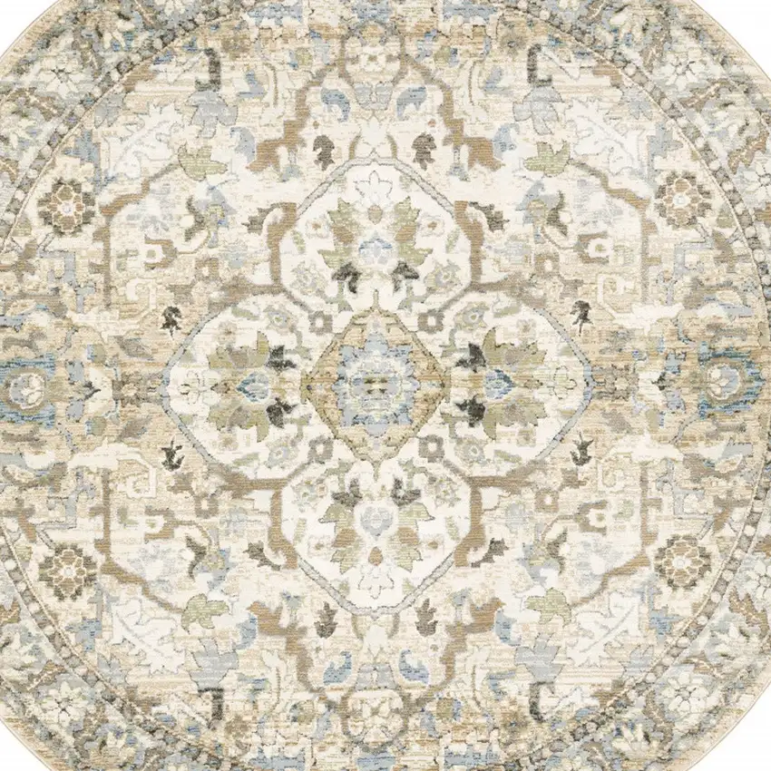 8' Beige And Ivory Round Oriental Power Loom Stain Resistant Area Rug Photo 4
