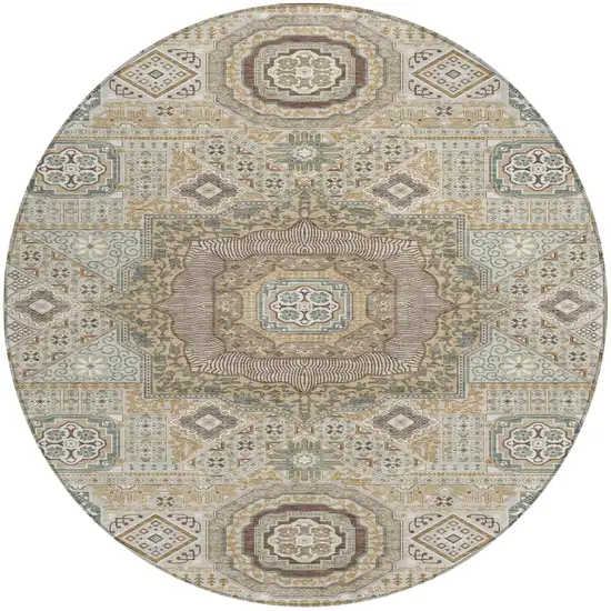 8' Beige And Ivory Round Oriental Washable Indoor Outdoor Area Rug Photo 2