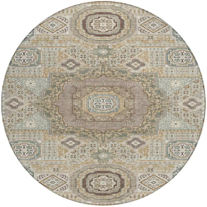 8' Beige And Ivory Round Oriental Washable Indoor Outdoor Area Rug Photo 2