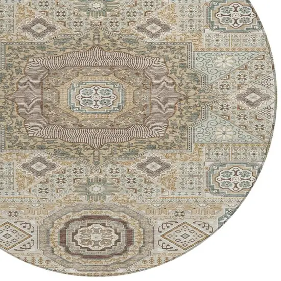8' Beige And Ivory Round Oriental Washable Indoor Outdoor Area Rug Photo 3