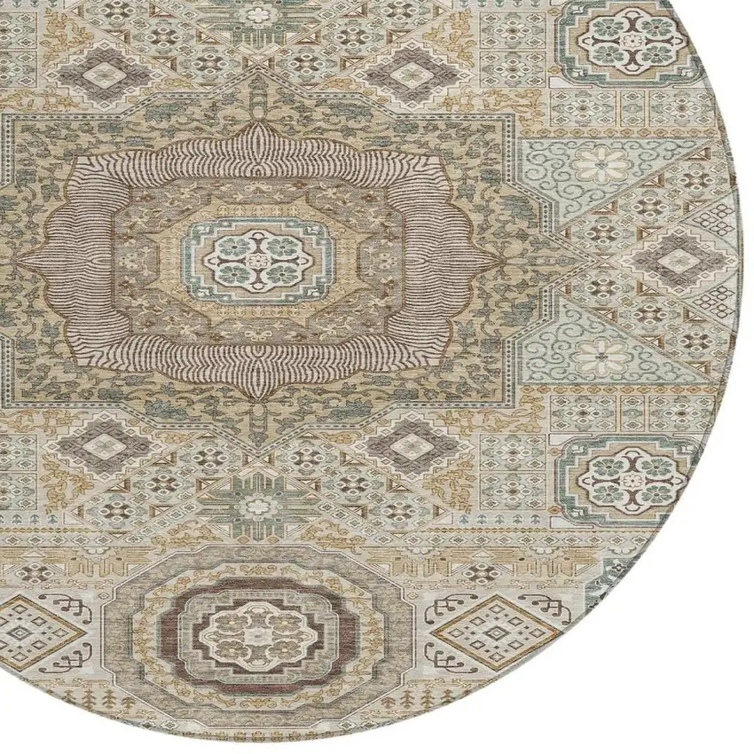 8' Beige And Ivory Round Oriental Washable Indoor Outdoor Area Rug Photo 3