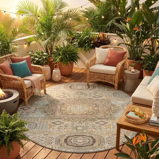 8' Beige And Ivory Round Oriental Washable Indoor Outdoor Area Rug Photo 1