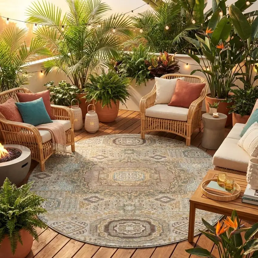 8' Beige And Ivory Round Oriental Washable Indoor Outdoor Area Rug Photo 1
