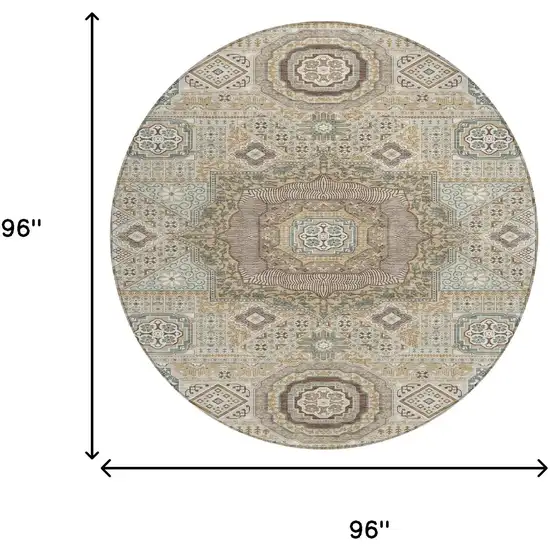 8' Beige And Ivory Round Oriental Washable Indoor Outdoor Area Rug Photo 7