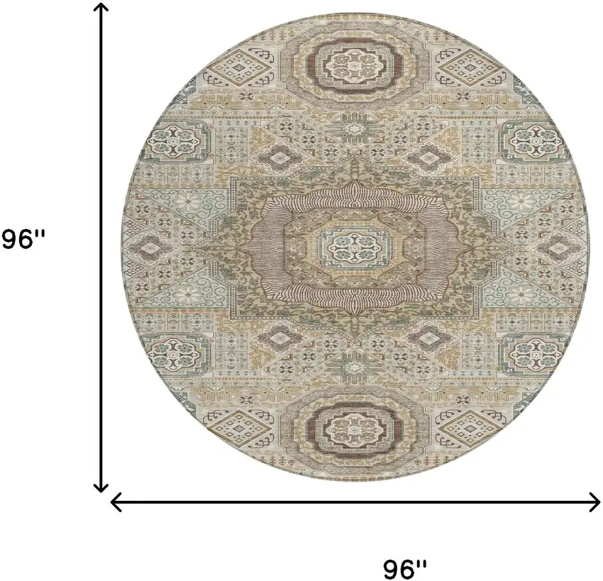 8' Beige And Ivory Round Oriental Washable Indoor Outdoor Area Rug Photo 7
