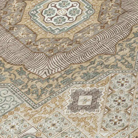 8' Beige And Ivory Round Oriental Washable Indoor Outdoor Area Rug Photo 6