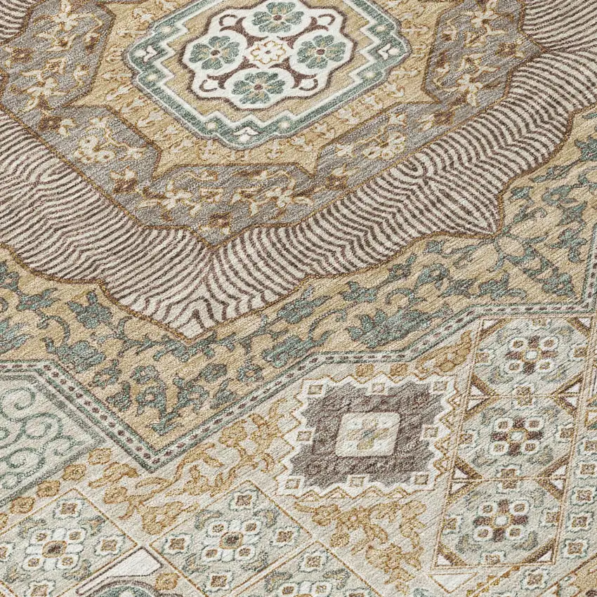 8' Beige And Ivory Round Oriental Washable Indoor Outdoor Area Rug Photo 6