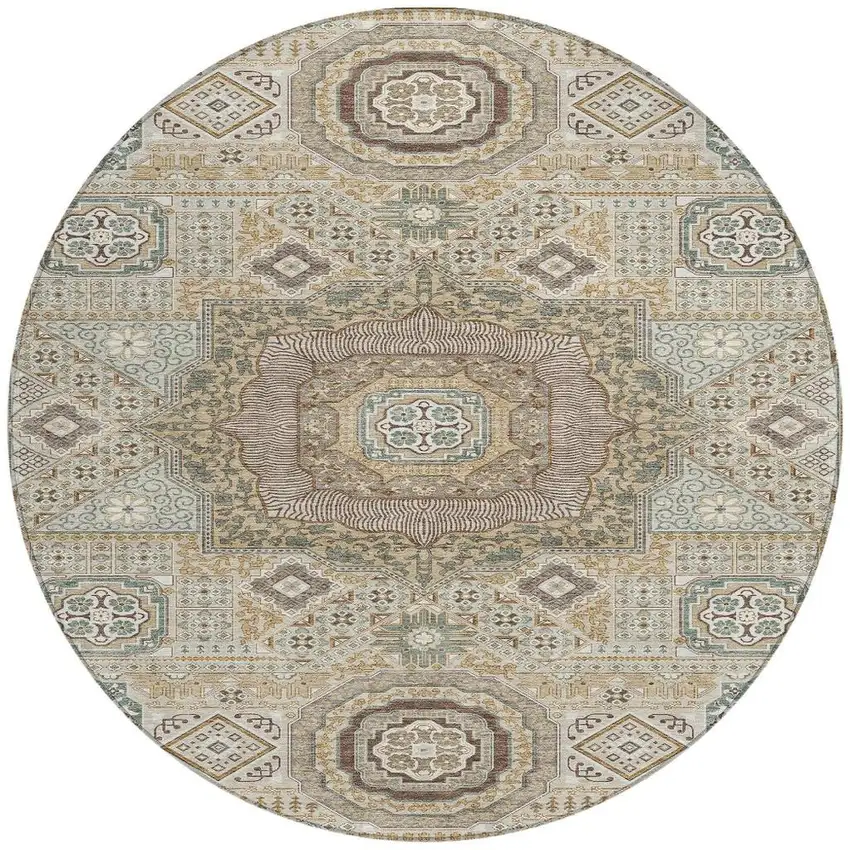 8' Beige And Ivory Round Oriental Washable Indoor Outdoor Area Rug Photo 4