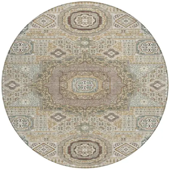 8' Beige And Ivory Round Oriental Washable Indoor Outdoor Area Rug Photo 4