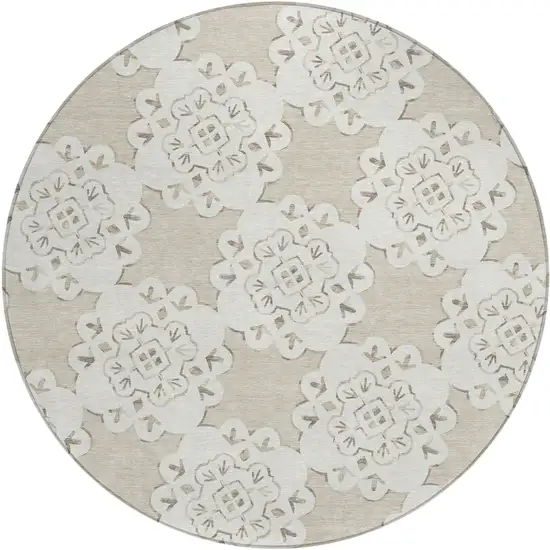 8' Beige And Ivory Round Quatrefoil Washable Indoor Outdoor Area Rug Photo 2